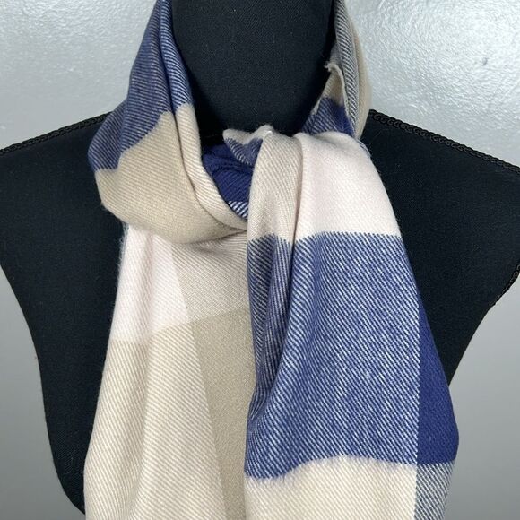 Cashmere Scarf Made in Germany Blue Cream Tan with Fringe - Picture 2 of 12